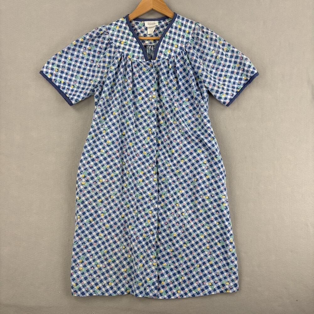 Vintage Basic Editions Chemise Nightgown Womens Medium Blue Check Floral Cotton